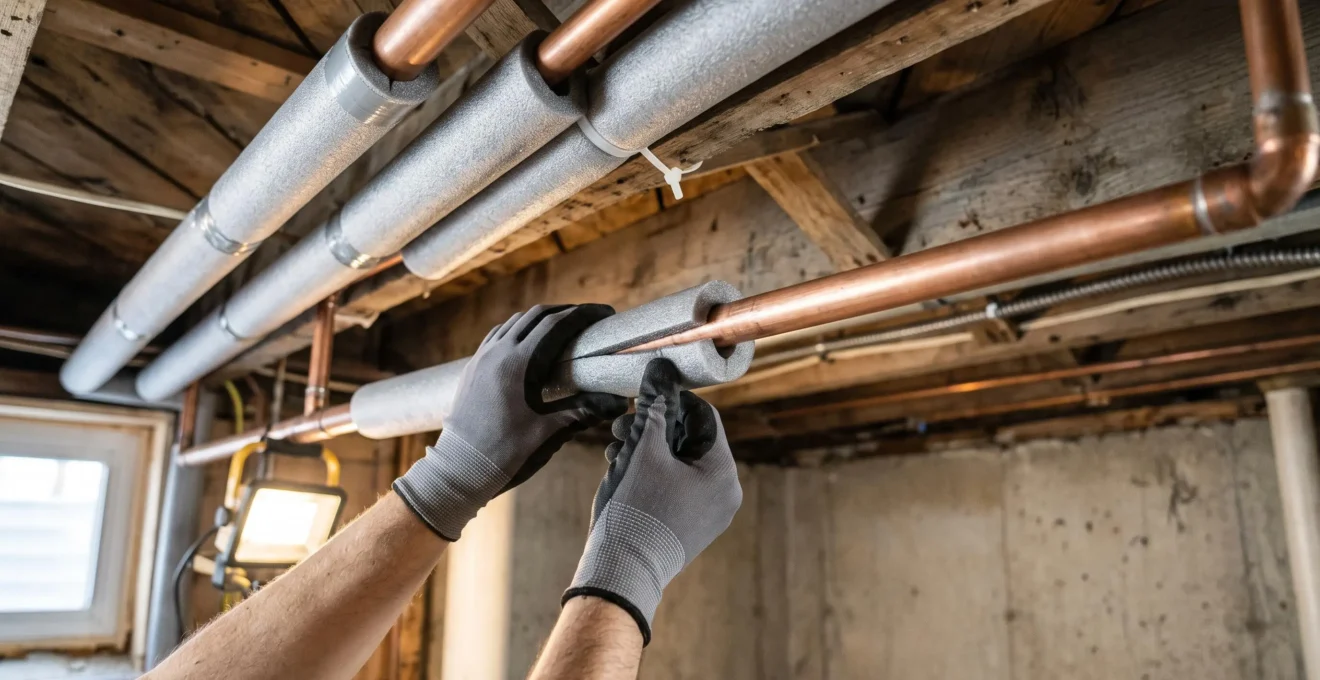 Mains installant des manchons de mousse isolante autour de tuyaux en cuivre au plafond d'un sous-sol non fini.