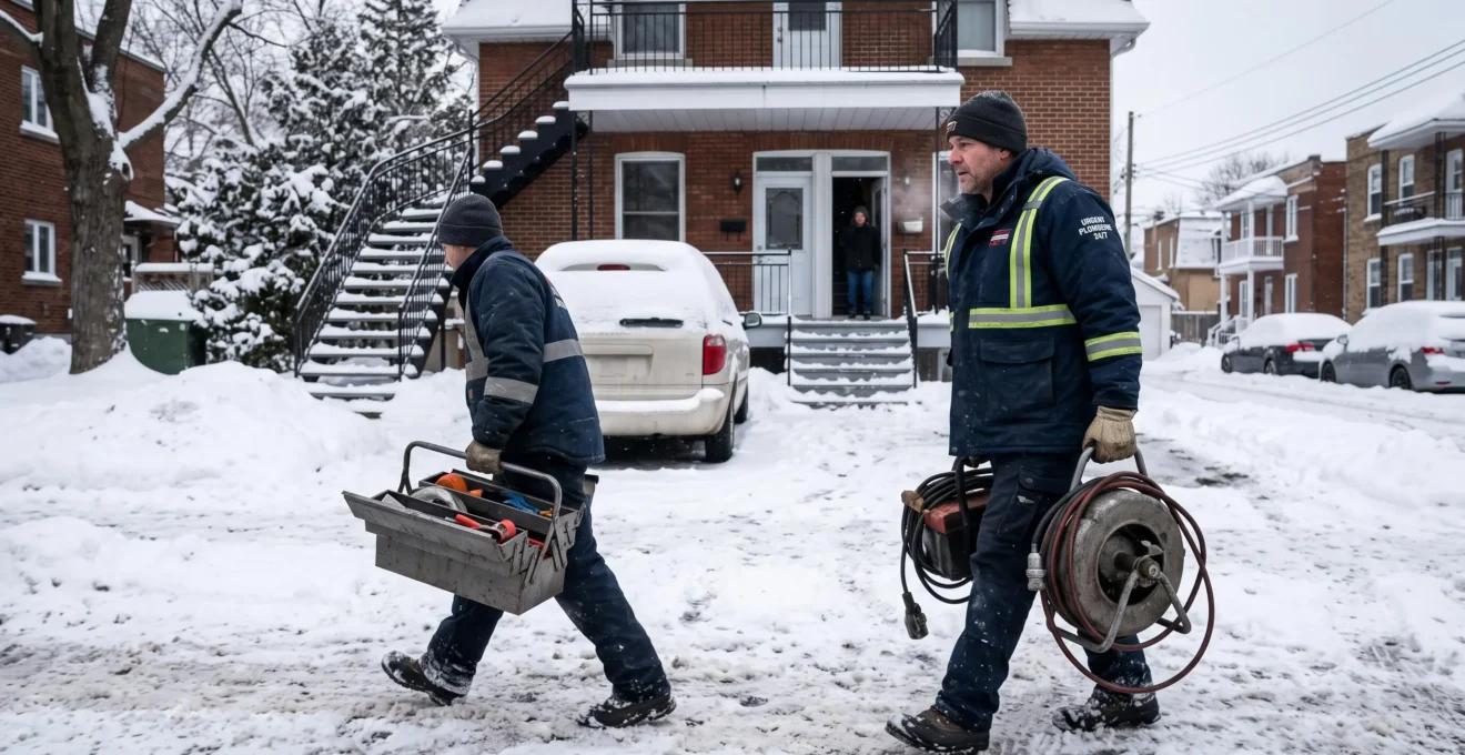 Plombier d'urgence marchant dans une rue enneigée de Montréal avec une boîte à outils et une machine de dégivrage, se dirigeant vers un duplex.