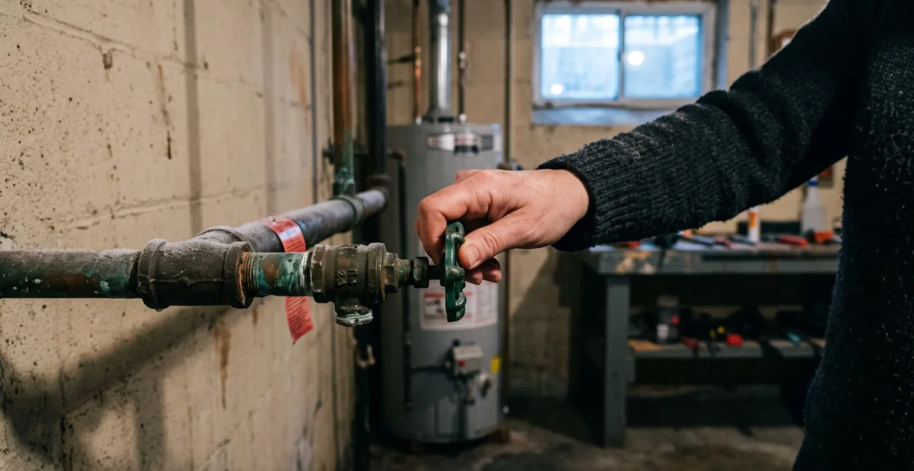 Main fermant la vanne d'arrêt d'eau principale dans un sous-sol montréalais, avec du givre visible sur le tuyau d'alimentation.